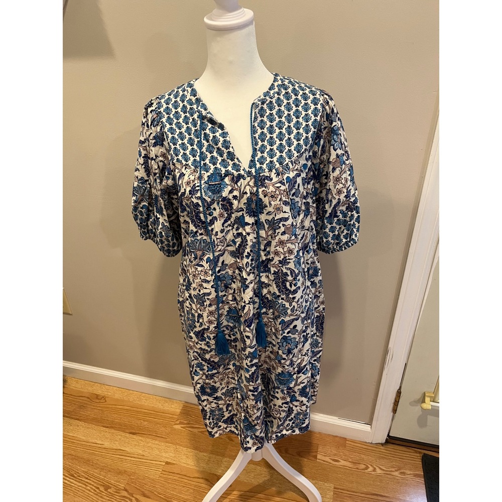 Knox Rose Blue Floral Tassel Tie Neck Puff Sleeve Shift Dress Womens XS Boho